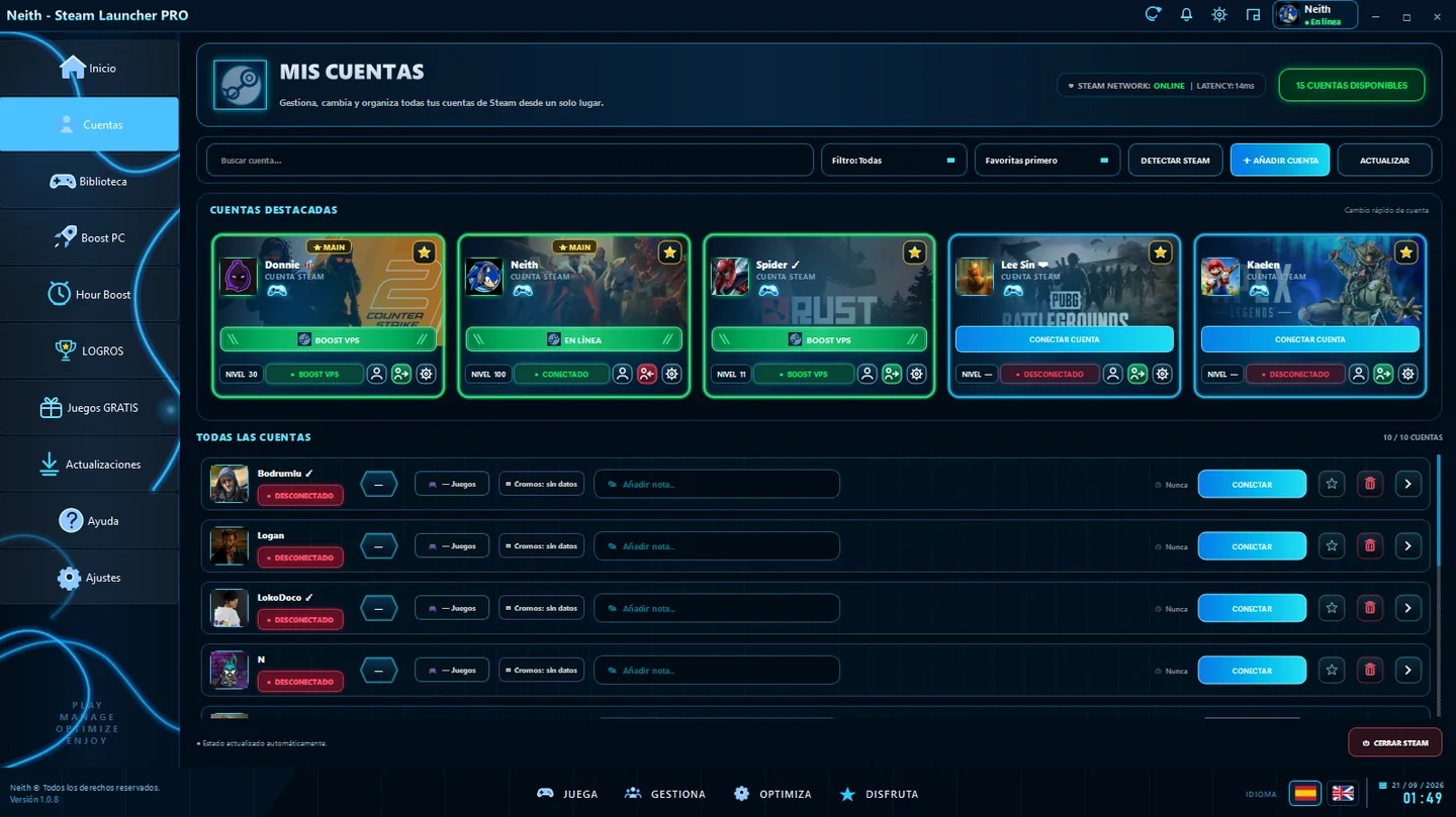 Sección Cuentas de Neith Steam Launcher